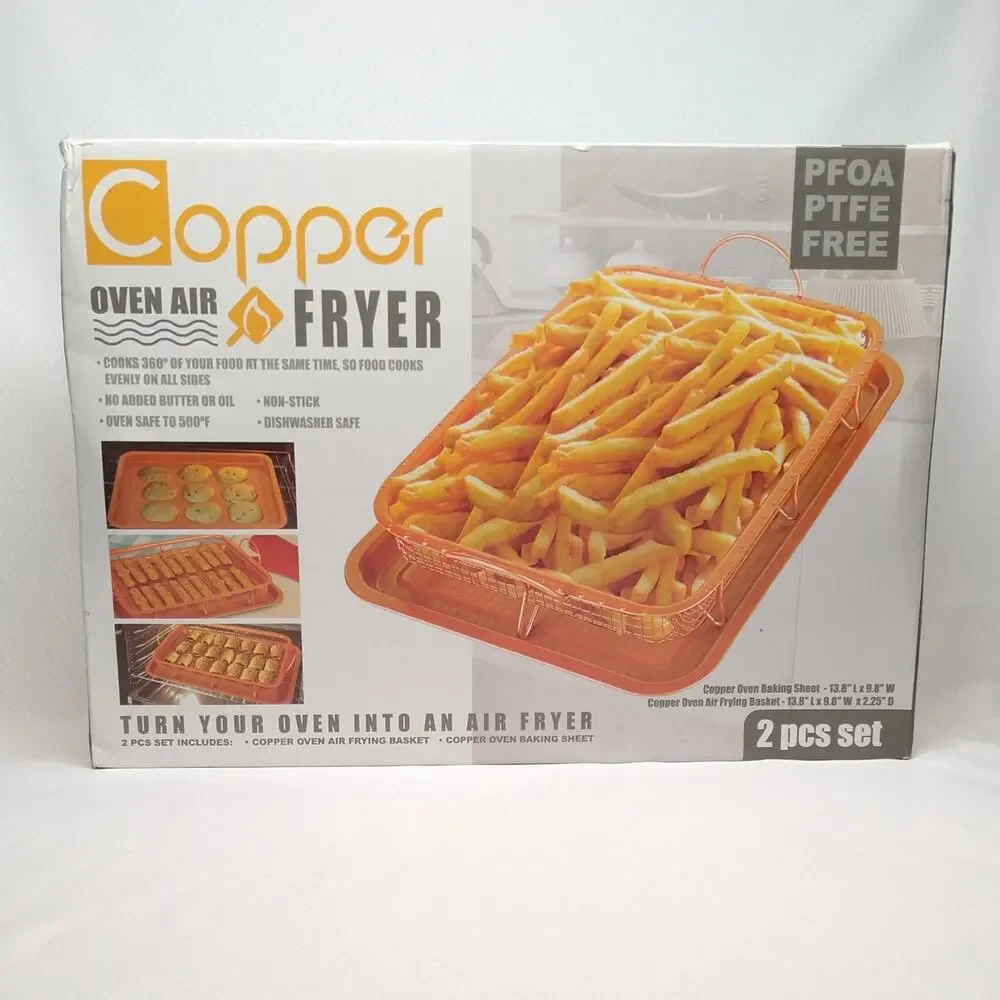 Copper Oven Air Fryer Crisper Basket Tray 2 Piece Set Non Stick New Box